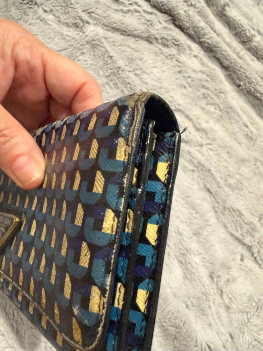 Prada Blue Geometric Print Leather Clutch Wallet